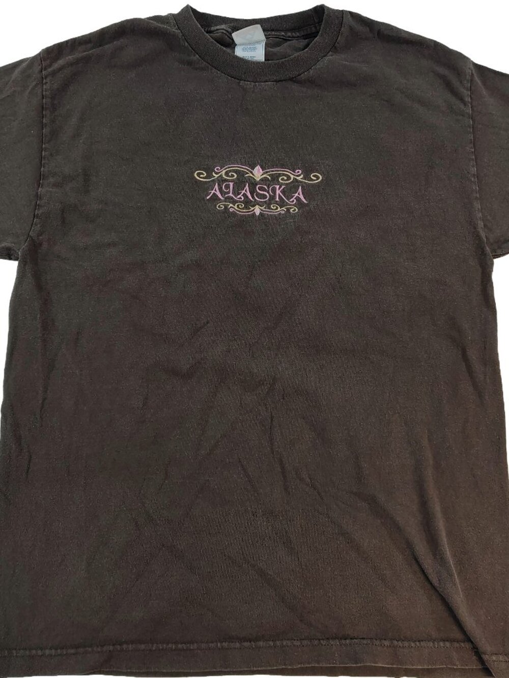 Women's Large Brown & Pink Short Sleeve Embroidered Alaska Themed Logo T-Shirt